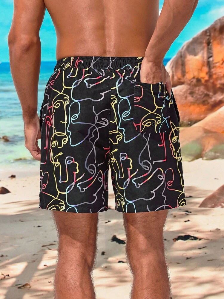 Men's Abstract Print Drawstring Waist Beach Shorts