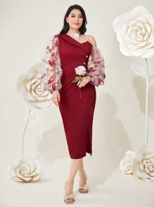 Modelyn Burgundy Red Butterfly Embroidery Sheer Mesh Contrast Slit Dress Long Evening Dresses