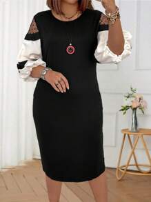 SHEIN Clasi 大尺寸網布插花燈籠袖連身裙 - 黑與白 - 查看 1