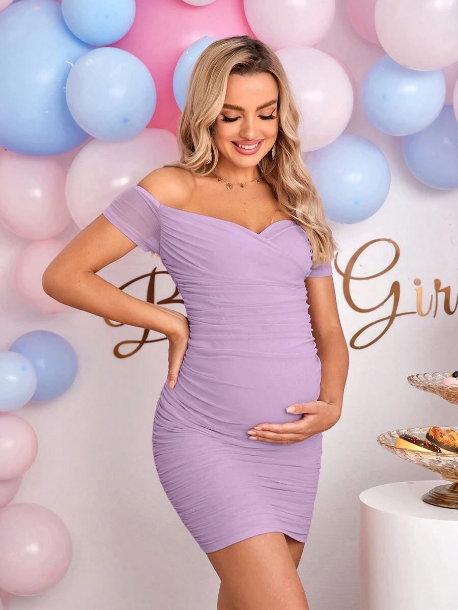 Loomaby Gender Reveal Dress Maternity Off-Shoulder Ruched Bodycon Dress Baby Shower Dress - Mauve Purple - View 1
