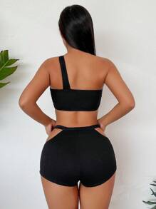 SHEIN Swim 夏季海滩女士单肩镂空比基尼套装