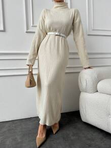 EURMUSE Cotton Solid Color Turtleneck Ribbed Knit Sweater Dress - White - View 4