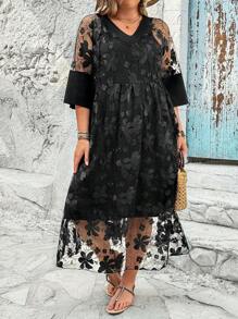 SHEIN Clasi 大尺碼女用刺繡網布兩件套 - 黑色 - 查看 5