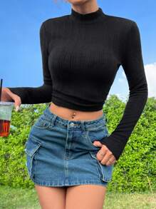 SHEIN EZwear 女款黑色針織修身t恤 - 黑色 - 查看 3