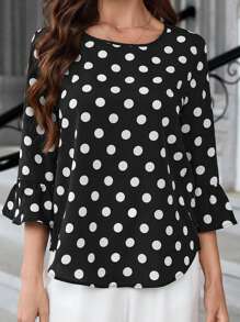EMERY ROSE Blusa holgada de mujer con cuello redondo, manga 3/4, volantes y estampado de lunares