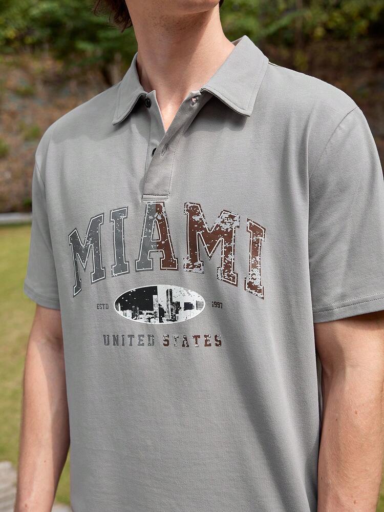 Men's Knitted Loose Fit Half Buttoned Polo Shirt With Letter Pattern