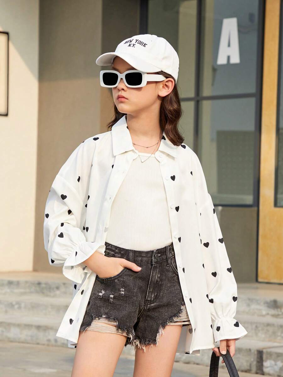 Tween Girls 日常甜美與酷感心形印花寬鬆休閒長袖襯衫 - 黑色 - 查看 1