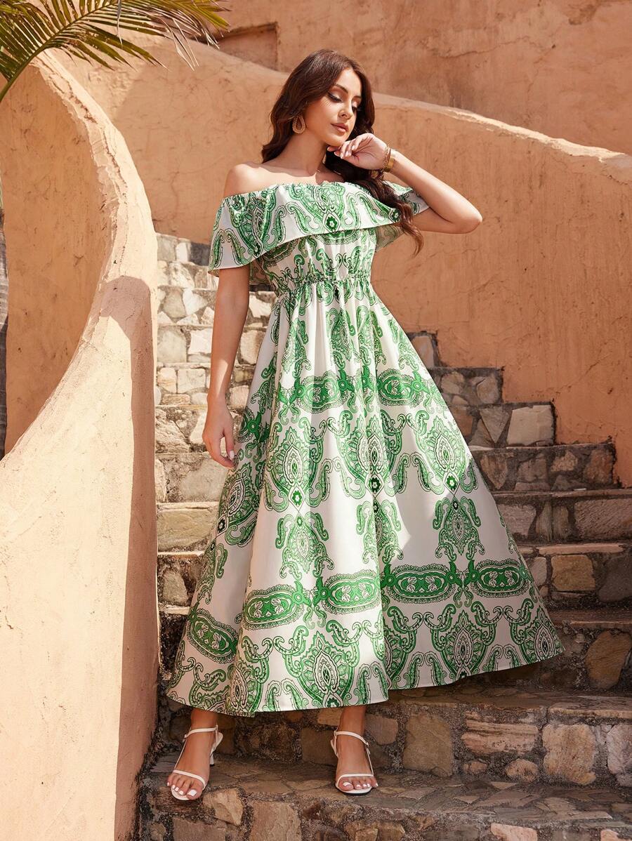 GENKIRA Vestido Con Cinturón Y Ribete De Volantes Con Hombros Descubiertos Y Estampado De Cachemira - Multicolor - Ver 1
