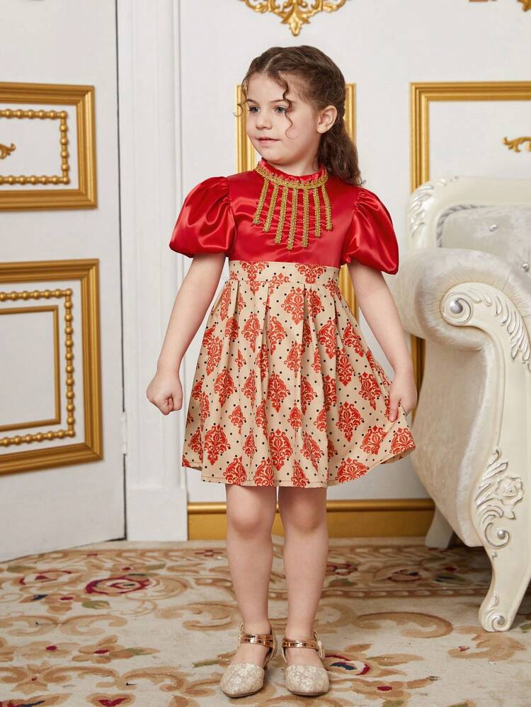 Young Girl Standing Collar Puff Sleeve Pleated Hem Dress