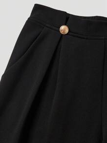 SHEIN Privé 女士黑色褶皺高腰寬腿夏季長褲帶口袋,優雅風格 - 黑色 - 查看 7