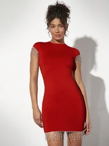 SHEIN BAE Backless Rhinestone & Tassel Merged Dress