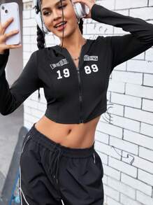 SHEIN Sports Letter Printed Zip Front Hooded Sports Jacket - Black - View 5