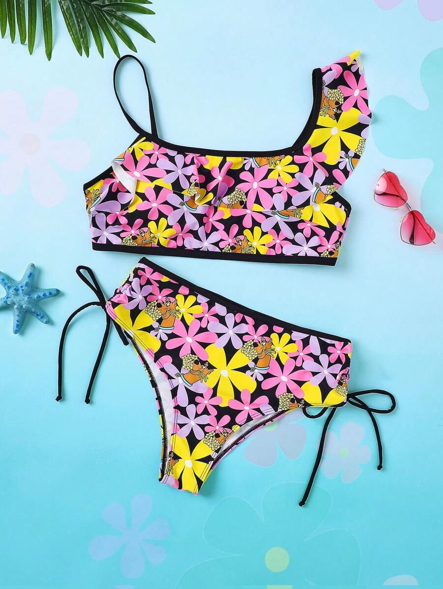 SCOOBY-DOO X SHEIN Plus 卡通及花卉印花比基尼套装，夏季
