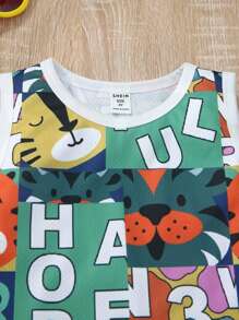 SHEIN 2pcs/Set Young Boys' Casual Cartoon Animal Patterned Sleeveless Top And Shorts Set,Soft Breathable Fashionable Summer Outfit,Suitable For Spring - Multicolor - View 3