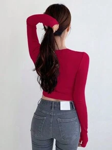 DAZY Của phụ nữ Thon gọn Mùa vụ Tay áo dài Áo thun - Màu Đỏ Sâu - Xem 2