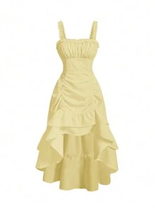 SHEIN MOD Của phụ nữ Pleated Bust Hem cao thấp Váy không tay Không có Eo Thắt lưng - Màu vàng - Xem 1