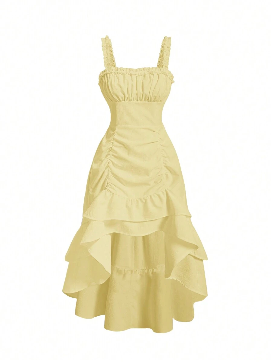 SHEIN MOD Của phụ nữ Pleated Bust Hem cao thấp Váy không tay Không có Eo Thắt lưng - Màu vàng - Xem 1