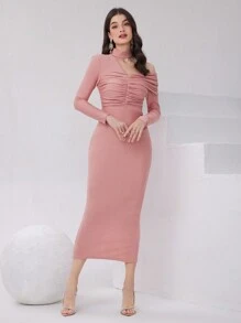 Modelyn Women's Asymmetrical Neckline Pleated Bodycon Dress - Pink - View 3