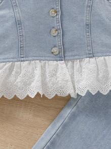 Tween Girls' Casual Vacation Light Blue Washed Denim Lace Trim Spaghetti Strap Top And Elastic Waist Wide Leg Jeans Set