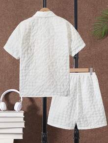 SHEIN 2pcs/Set Exploer Boys' Vacation Short Sleeve Cardigan Shirt And Shorts - White - View 2