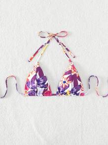 SHEIN Swim Summer Beach Floral Print Halterneck Swimwear Top - Multicolor - View 4