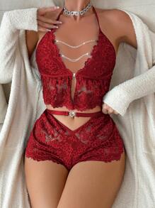 مجموعة ملابس داخلية بتفصيل سلسلة من الدانتيل الشفاف للنساء - عنابي اللون - مشاهدة 3