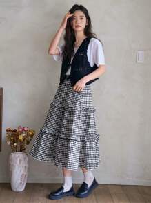 FRIFUL 女士格子荷叶边半身裙 - 黑與白 - 查看 2