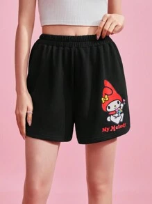 HELLO KITTY AND FRIENDS | SHEIN شورت كارتوني بخصر مطاطي ورسومات أحرف، صيفي - الأسود - مشاهدة 3