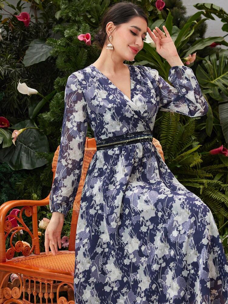 Women's Floral Print Lantern Sleeve Dress Long Evening Dresses Fall Cloth For Women