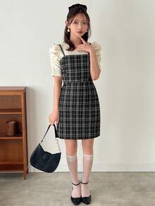 FRIFUL 女士格紋細肩帶a字裙 - 黑與白 - 查看 4