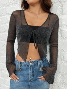 SHEIN EZwear Blusa De Malla Brillante - Negro - Ver 3