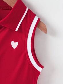 SHEIN Explorewe 年輕女孩大學風心形印花條紋POLO領無袖裙，夏季 - 紅色 - 查看 5