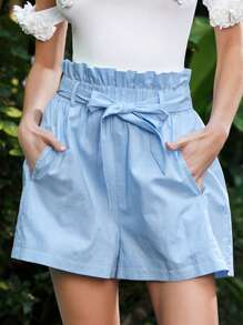 Enchnt Women's Solid Color Paper Bag Waist Shorts - Blue - View 3