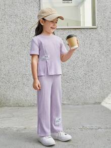 SHEIN 女童休閒舒適寬鬆貼標合體t恤+長褲兩件套 - 紫色 - 查看 6