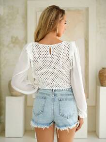 SHEIN VCAY Women's Summer Hooked Lace & Chiffon Patchwork Sweater For Valentine's Day - White - View 2