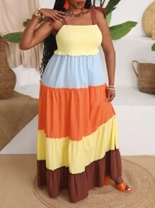 Slaydiva Plus Size Holiday Casual Colorblock A-Line Cami Strap Dress, Women Plus Size Loose Long Dress, Summer