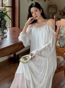 DAZY Lace Patchwork Sheer Mesh Pleated Nightgown With Cut-Out Shoulders Summer Pajama, Moo Moo