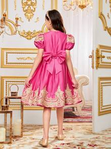 SHEIN Tween Girl Sibling Outfits: Fancy Gold Lace & Mesh Joint Round Neck Short Sleeve Dress