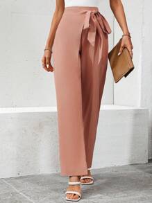 SHEIN Clasi Women's Solid Color Knot Waist Pants - Orange - View 3