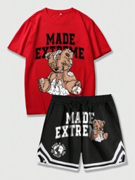 Street Life 2pcs Men's Casual Bear Printed Short Sleeve T-Shirt And Shorts Set, Suitable For Spring And Summer, School