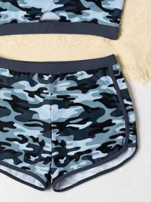 Teen Girls' Camouflage Print Tank Top And Shorts Bikini Set - Grey - View 4
