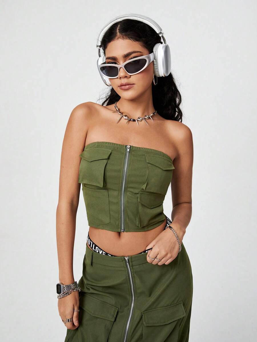 SHEIN EZwear 多口袋工裝背帶褲上衣 - 軍綠色 - 查看 1
