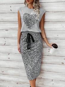 SHEIN LUNE Ladies' Leopard Print Heart Pattern Bell Sleeve Top And Skirt Set