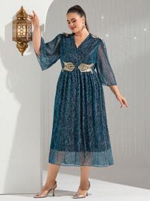 Modelyn Kích thước lớn Thêu Bọc Vòng cổ Vá lại Đầm - Màu xanh lam - Xem 3