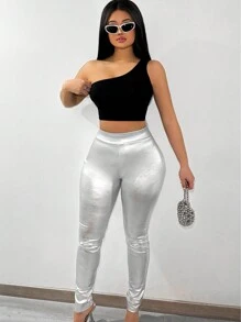 SHEIN SXY 女士金屬塗層修身長褲 - 銀色 - 查看 5