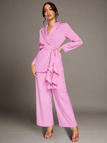 SHEIN BAE 情人節衣服,粉色斜紋專業長寬褲 - 粉色 - 查看 5