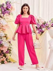 SHEIN 少女纯色装饰扣泡泡袖衬衫和裤子休闲两件套 - 玫紅色 - 查看 4