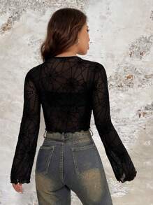 SHEIN EZwear 蜘蛛絨透視短上衣 - 黑色 - 查看 3