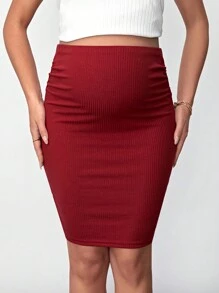 SHEIN Falda tubo de punto acanalado de unicolor para maternidad - Burdeos - Ver 1