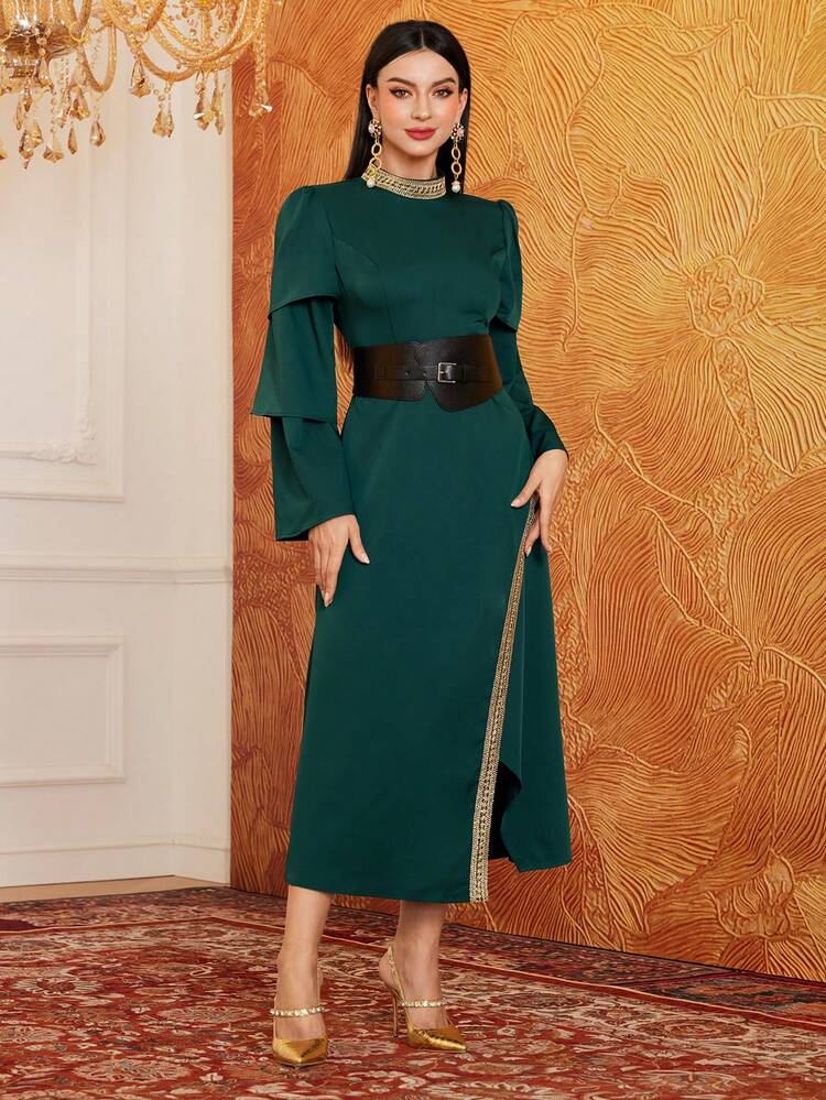 Women'S Woven Stripe Patchwork Flared Sleeve Dress Long Evening Dresses